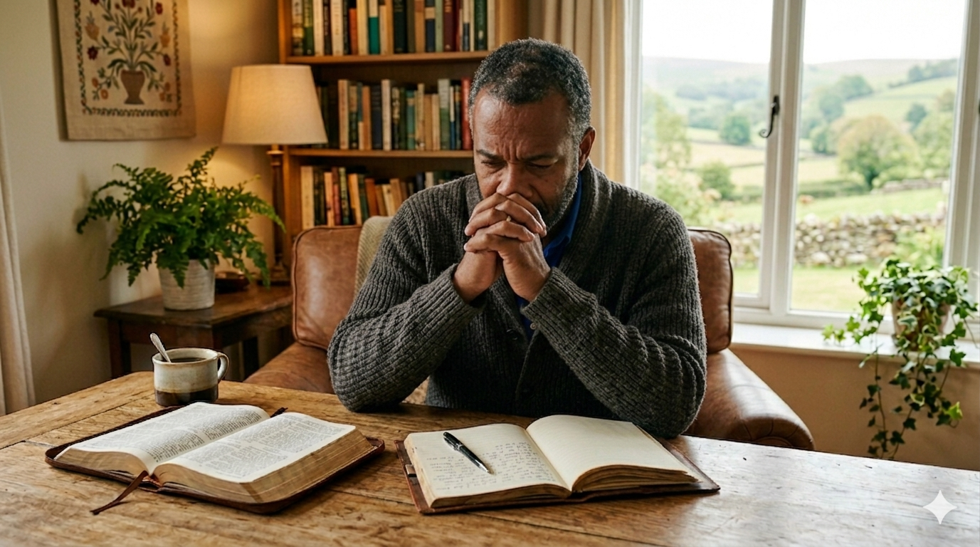 man deeply reflecting on financial crisis and scriptures