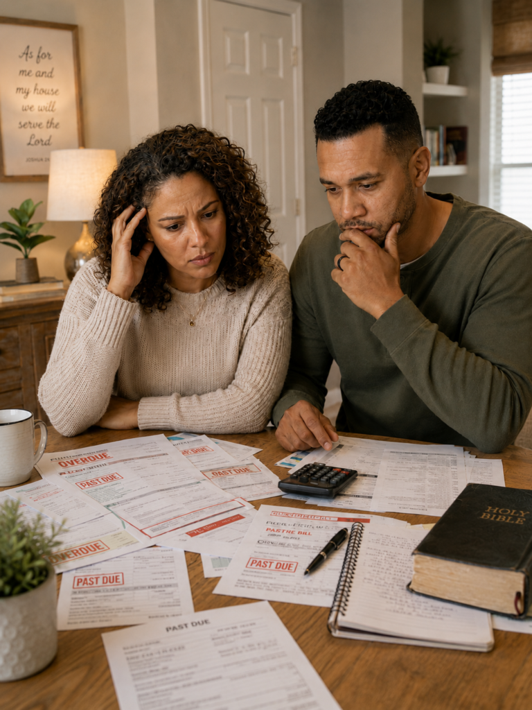 financially anxious couple with financial anxiety discussing overdue debt